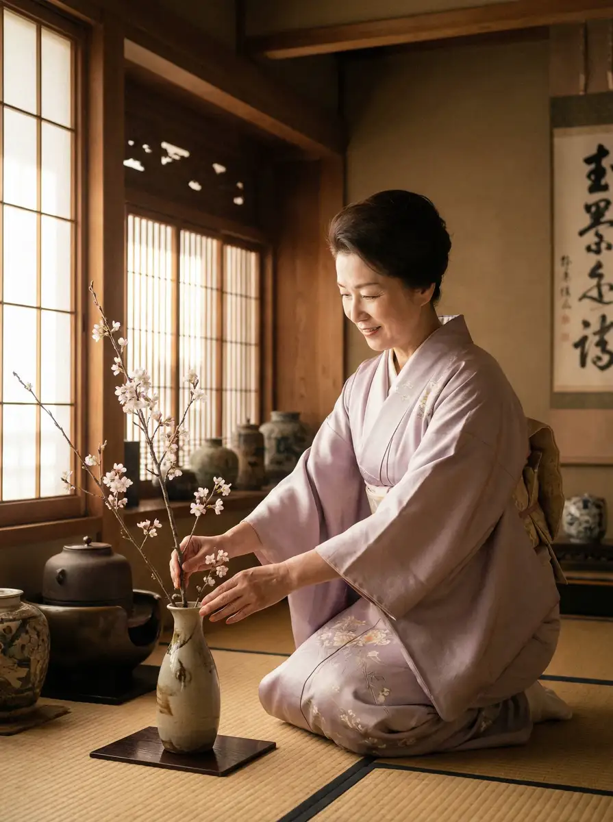 一位优雅的 91手机助手安卓版 在和室中插花